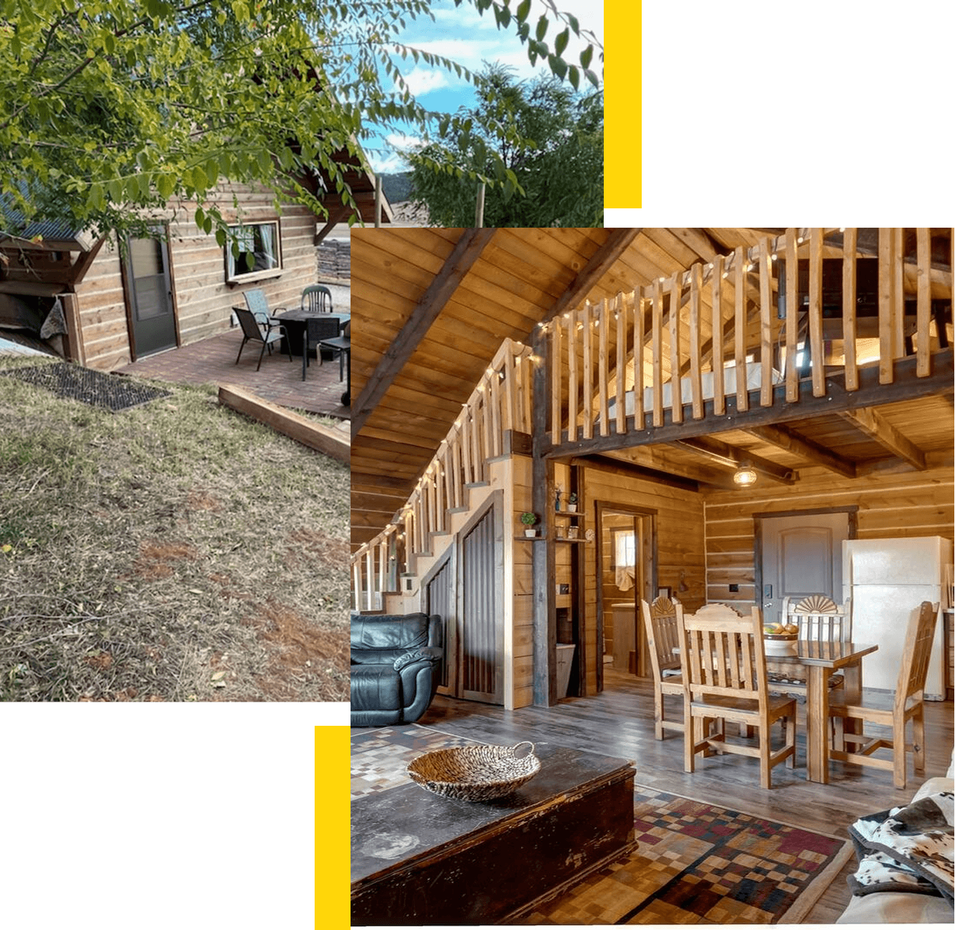A two-image collage shows a rustic wooden cabin exterior with a patio, and an interior with a loft, dining area, and seating.