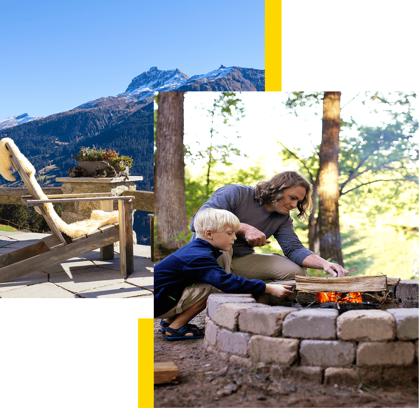 A woman and child tend to a fire in a stone pit in a wooded area. Behind them is a view of mountains with a wooden chair in the foreground.