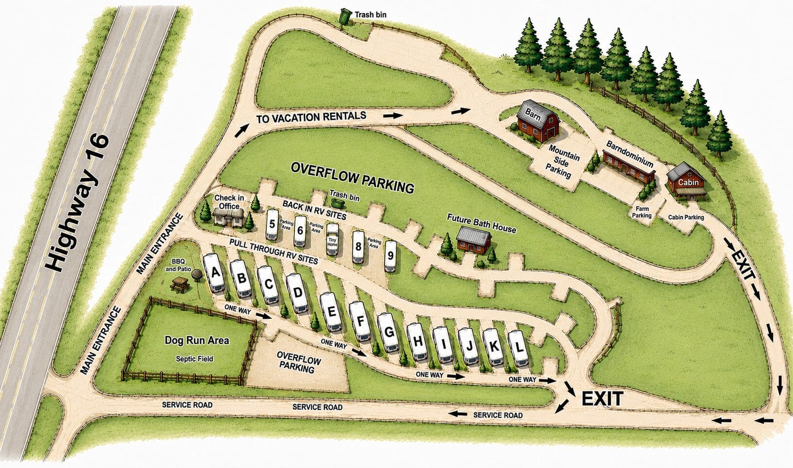 Illustrated RV park map with cabins and parking